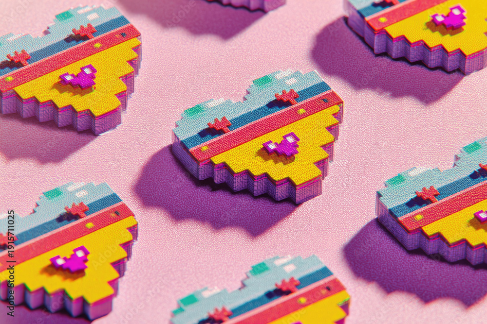 Fototapeta premium 8-bit style pixelated hearts on a pink background.