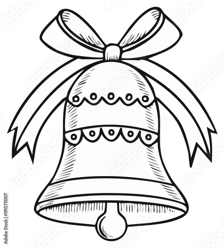 Bell with decorative bow in detailed black and white illustration