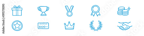 Set of hand-drawn achievement and reward icons including a trophy, medal, crown, and gift. Vector doodle style for business and success concepts.