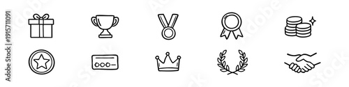 Set of hand-drawn achievement and reward icons including a trophy, medal, crown, and gift. Vector doodle style for business and success concepts.