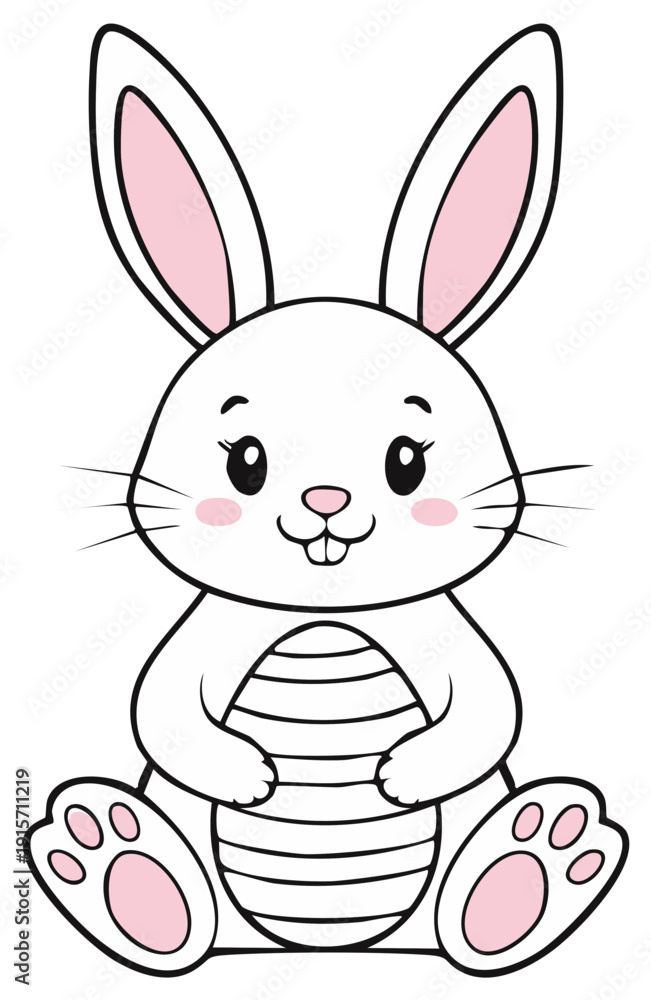 Obraz premium Cute White Bunny Rabbit Holding a Striped Easter Egg Illustration