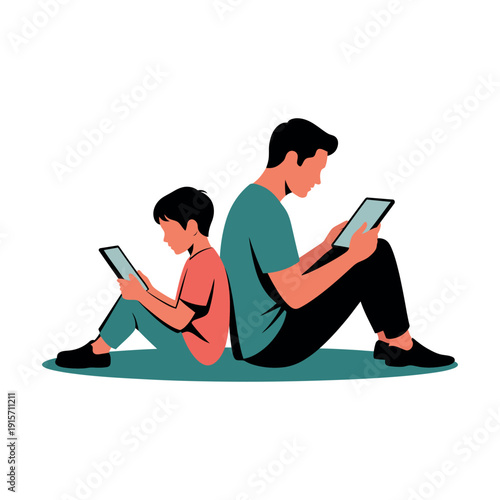 A man and a boy sitting back to back using their digital devices together