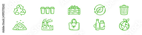 Hand-drawn ecology and recycling icons set. Black, green, light blue, blue and white doodles including recycle symbol, earth, reusable bag, factory, and compost icons.