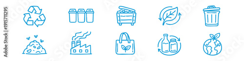 Hand-drawn eco-friendly icon set featuring recycling symbols, trash bins, pollution, reusable bags, and green earth for sustainability concepts.