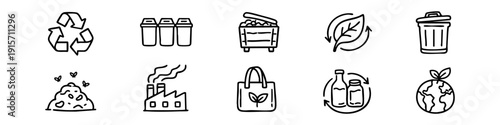 Hand-drawn eco-friendly icon set featuring recycling symbols, trash bins, pollution, reusable bags, and green earth for sustainability concepts.
