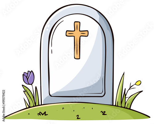 Simple cartoon tombstone with Christian cross, purple tulip, and yellow flower on green mound.