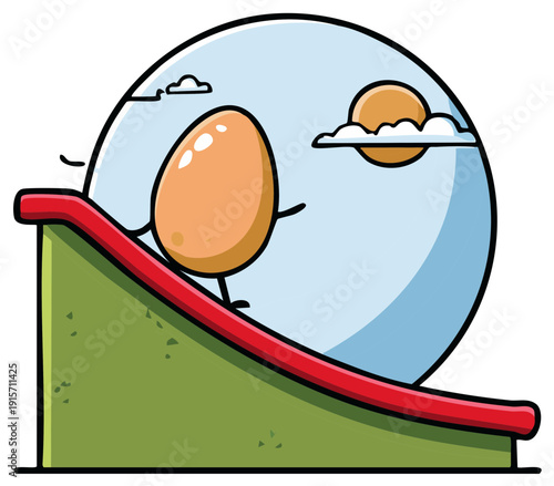 Egg Character Walking Uphill on Ramp with Sky Background and Clouds Cartoon Illustration