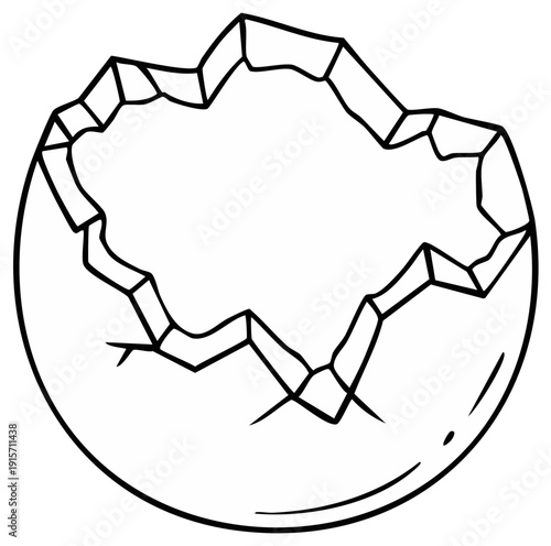 Cracked eggshell illustration, hatching concept, black and white outline.