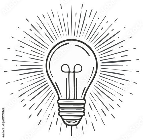 Vintage light bulb illustration with radiating lines signifying idea generation and creativity