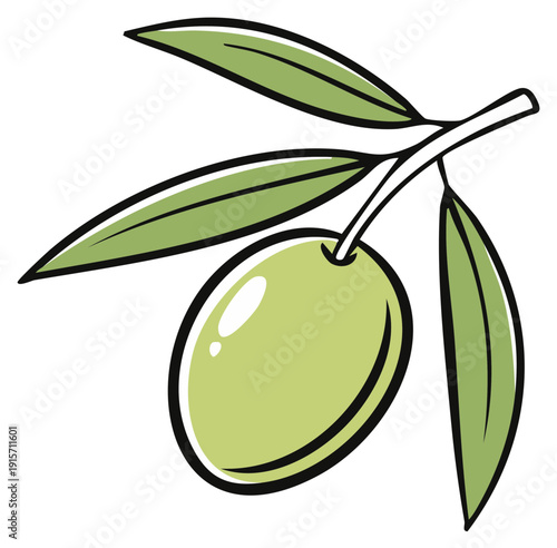 Single Green Olive Fruit on Branch with Leaves Simple Icon Style