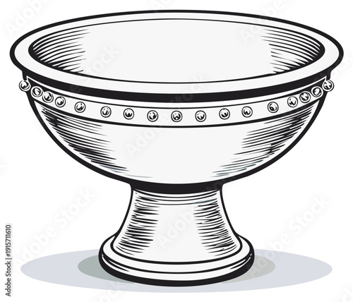 Elegant silver chalice illustration with beaded detail, vintage engraved style.