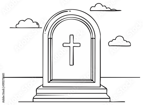 Simple Archway Tombstone with Cross Symbol and Clouds Overhead