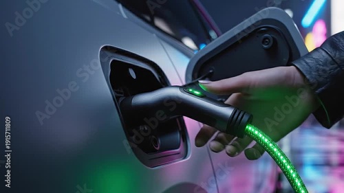 Close-up view of a person's hand inserting an electric vehicle charging connector into a modern automobile's port for sustainable energy replenishment.