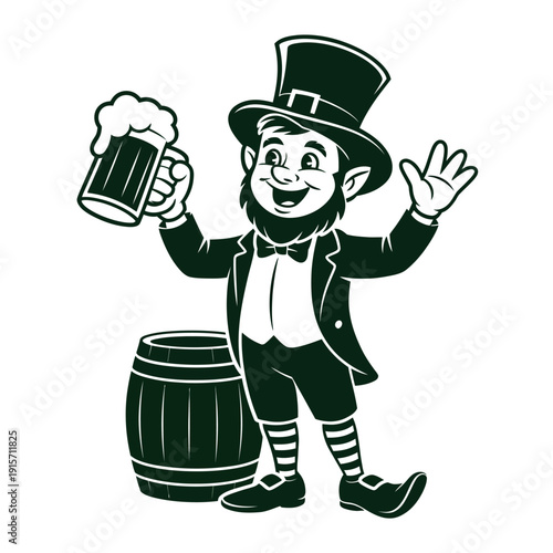 A cheerful leprechaun holding a beer and waving with a barrel