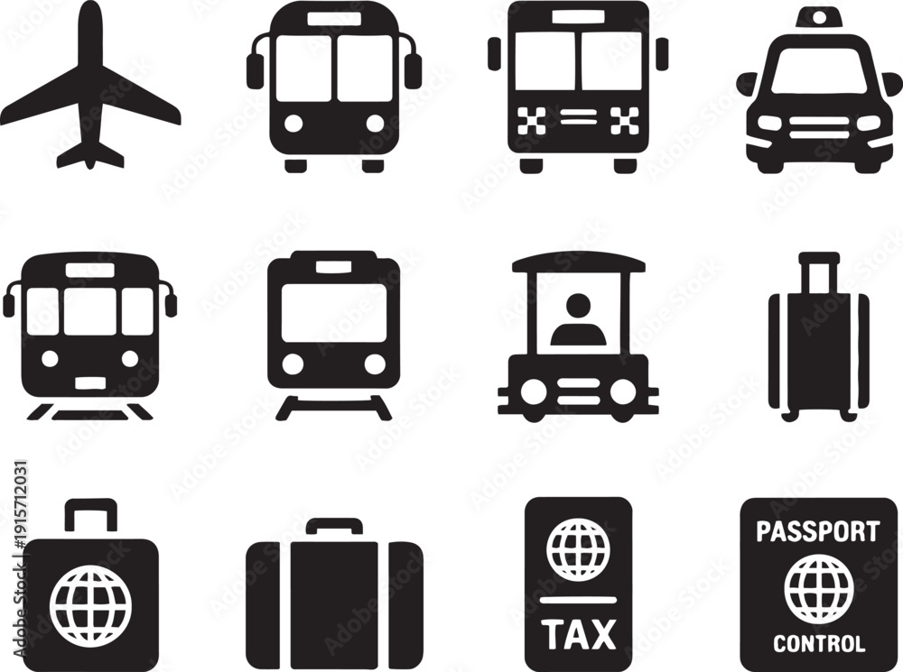Fototapeta premium Global Travel and Tourism Icon Set Silhouette Vector with Airplane Bus Taxi and Luggage for Vacation and Trip Booking Business