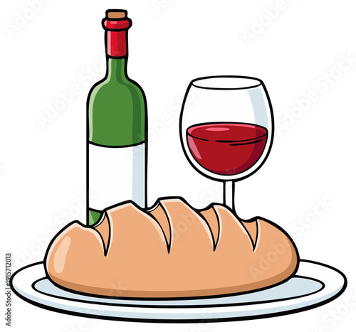 Cartoon illustration of a bread loaf and red wine on a plate a religious symbol of communion