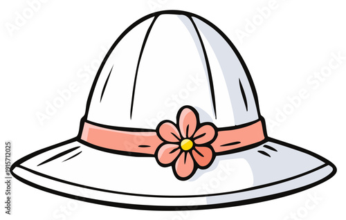 Stylish white wide brim sun hat with decorative pink flower cartoon illustration