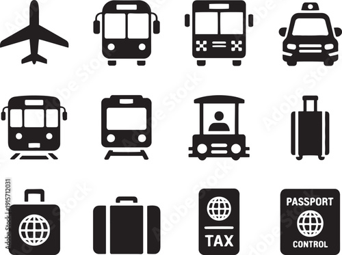 Global Travel and Tourism Icon Set Silhouette Vector with Airplane Bus Taxi and Luggage for Vacation and Trip Booking Business