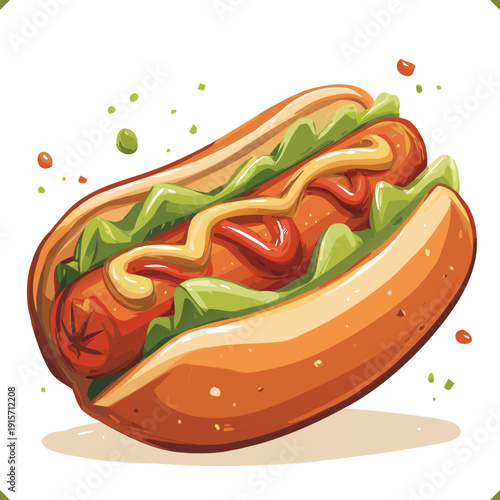 Vector illustration of classic hot dog with sausage, lettuce and mustard in a soft bun, street food icon isolated on a white backgroun