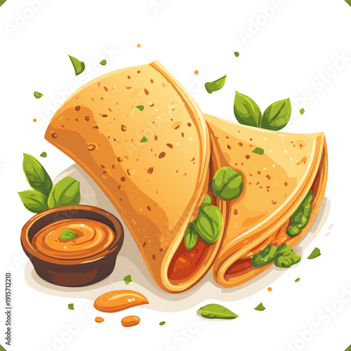 Vector illustration of crispy dosa served with chutney and sambar, traditional Indian street food meal isolated on a white background