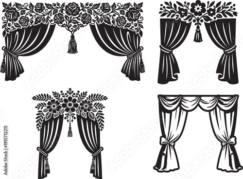Elegant black and white vector illustration of ornate curtains with floral designs and tassels, perfect for interior design and luxury decor.