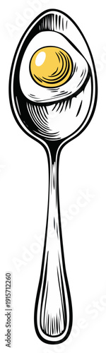 Halved Hard Boiled Egg in a Spoon Vintage Illustration Style