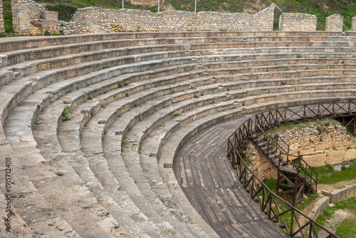 Canvas Print Detailed perspective of worn stone steps and wooden walkways within the Ancient