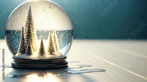 Snow globe with miniature pine trees and snowflakes inside on a table
