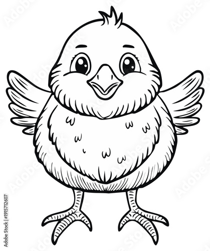 Black and white illustration of a happy, cartoon chick with open wings