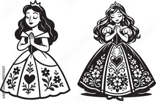 Charming black and white vector illustrations of two praying princesses in ornate gowns, perfect for fairy tales, children's themes, and fantasy designs.