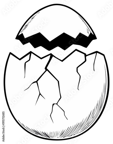 Hatching egg illustration, cracked shell with hatching process revealed, isolated design element