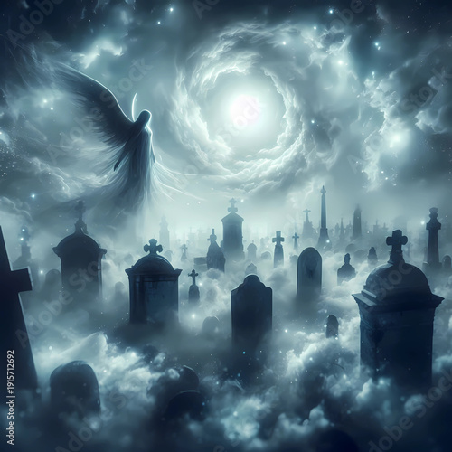 angel hovering over cemetery