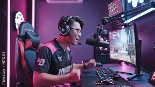 Professional gamer streaming online gameplay wearing headset and speaking into microphone in a gaming setup environment with multiple monitors.