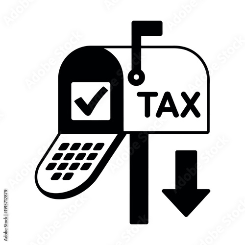 A black and white illustration of a mailbox with a tax return inside