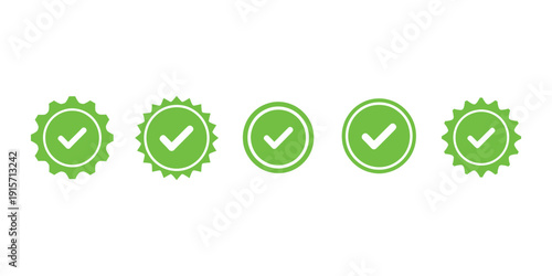 Green checkmark icons in various circular and starburst shapes for approval and confirmation symbols  isolated on white background