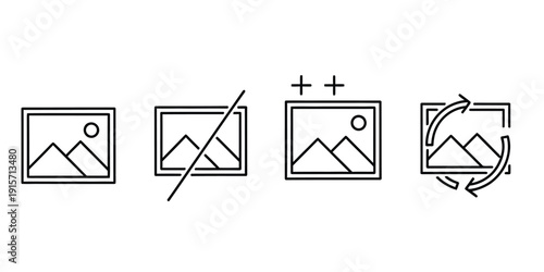 Four black line icons of photo editing actions  add delete rotate and copy image