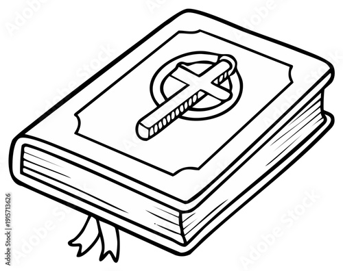 Outlined illustration of a religious book with a cross emblem and ribbon bookmark