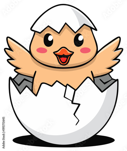 Cute cartoon chick hatching from cracked eggshell, celebrating new life and spring