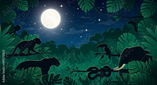 Wild jungle animals silhouetted against a full moon in a lush starry night forest scene with dense foliage and wildlife