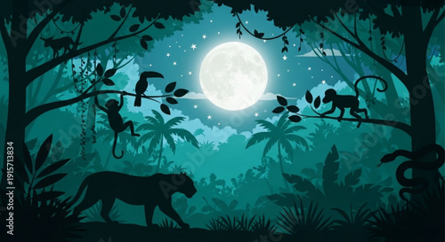 Moonlit jungle scene with silhouetted panther and monkeys in a lush forest under a full moon and starry night sky