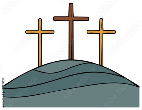 Three wooden crosses stand atop a hill illustrating religious significance and sacrifice