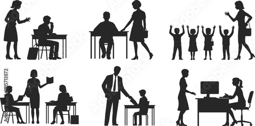 Adult silhouettes with children interaction, professional teaching flat vector illustration