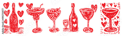 Hand drawn valentine celebration drinks doodle set with champagne flutes and cocktails for love concepts