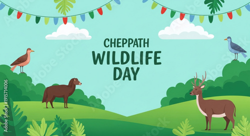 Wildlife day celebration with animals in a natural green landscape