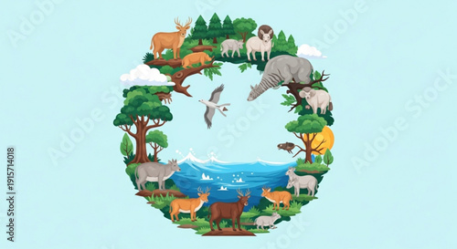 Vibrant wildlife circle with animals and nature scenes on blue background