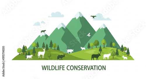 Wildlife conservation mountain landscape with animals and trees eco friendly natural habitat scene