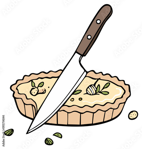 Stylized illustration of a sharp chef knife cutting into a savory quiche or pie prepared for serving