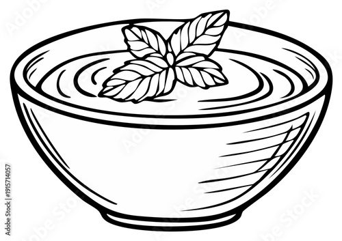 Bowl of soup with a sprig of basil illustration