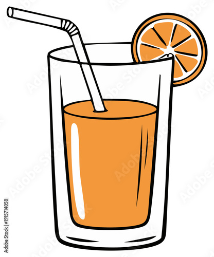 Fresh orange juice in a tall glass with a straw and orange slice for refreshment.