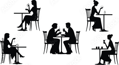 Cafe restaurant silhouette icon set, social drink illustration, vector graphic, conversation leisure symbol, flat vector